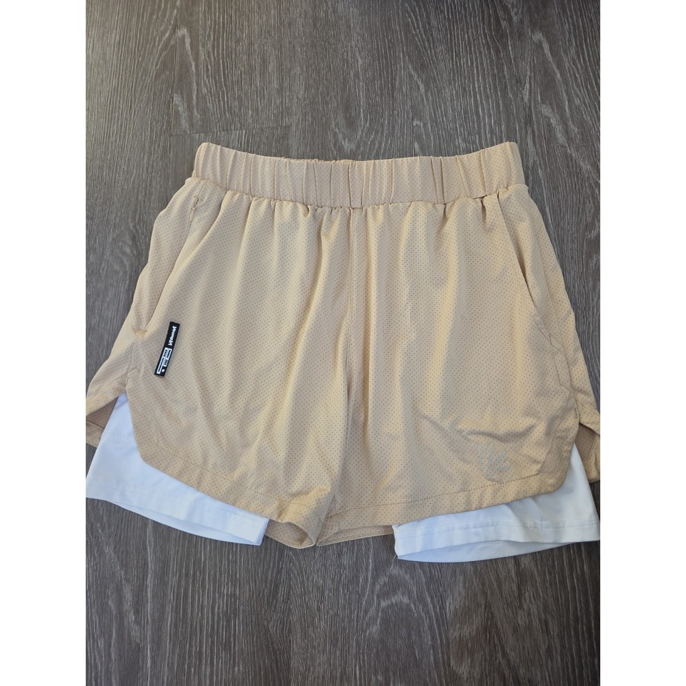 Young LA Shorts Men's L Beige Training Gym Workout 2 in 1 Lined Mesh Active